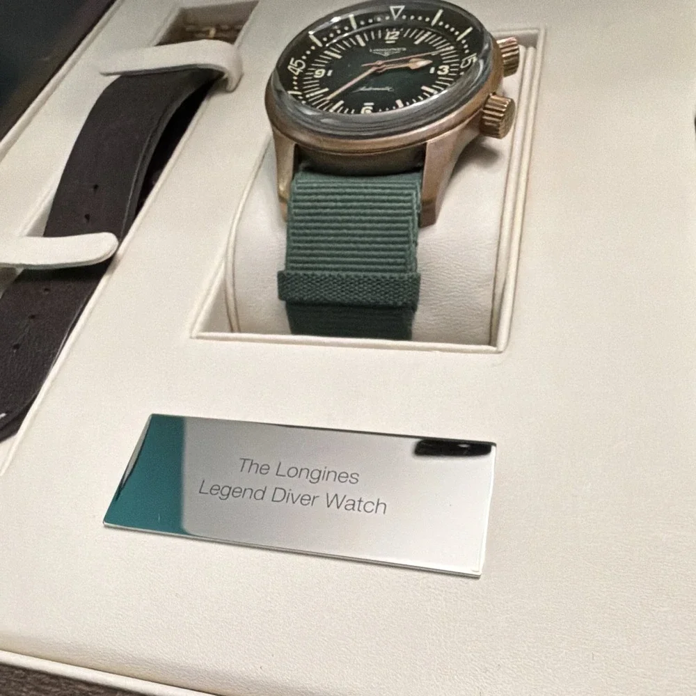 Longines Legend Diver Bronze 42mm Auto Green Dial 300m Box Papers Extra Strap